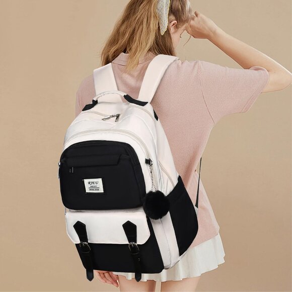 Girls Black Beige 15.6in Laptop Kids Backpack For Middle School College Students - Picture 7 of 7